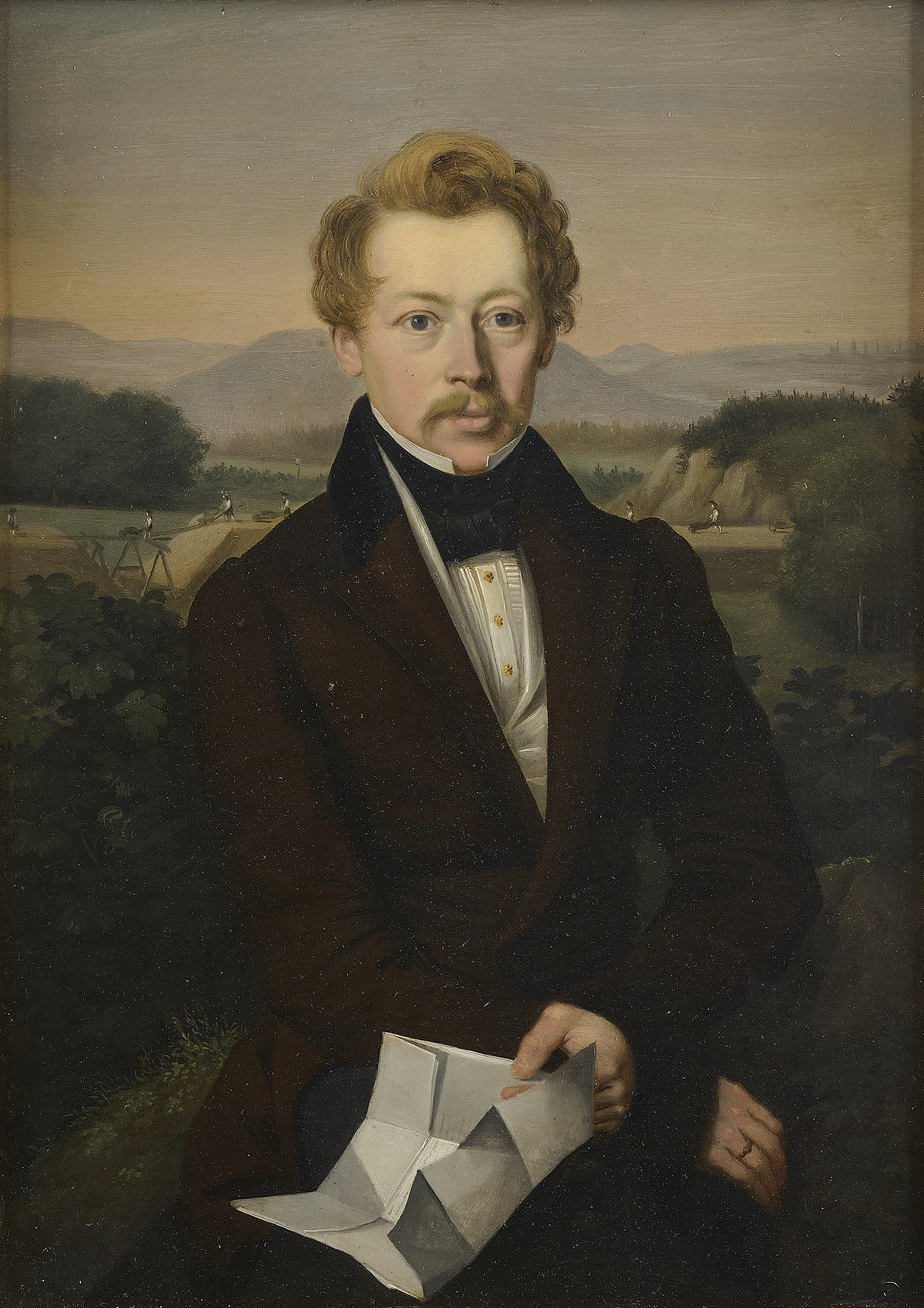 Architekten-Portrait vor südlicher Landschaft, 19. Jhdt. Architekten-Portrait vor südlicher Landschaft, 19. Jhdt.