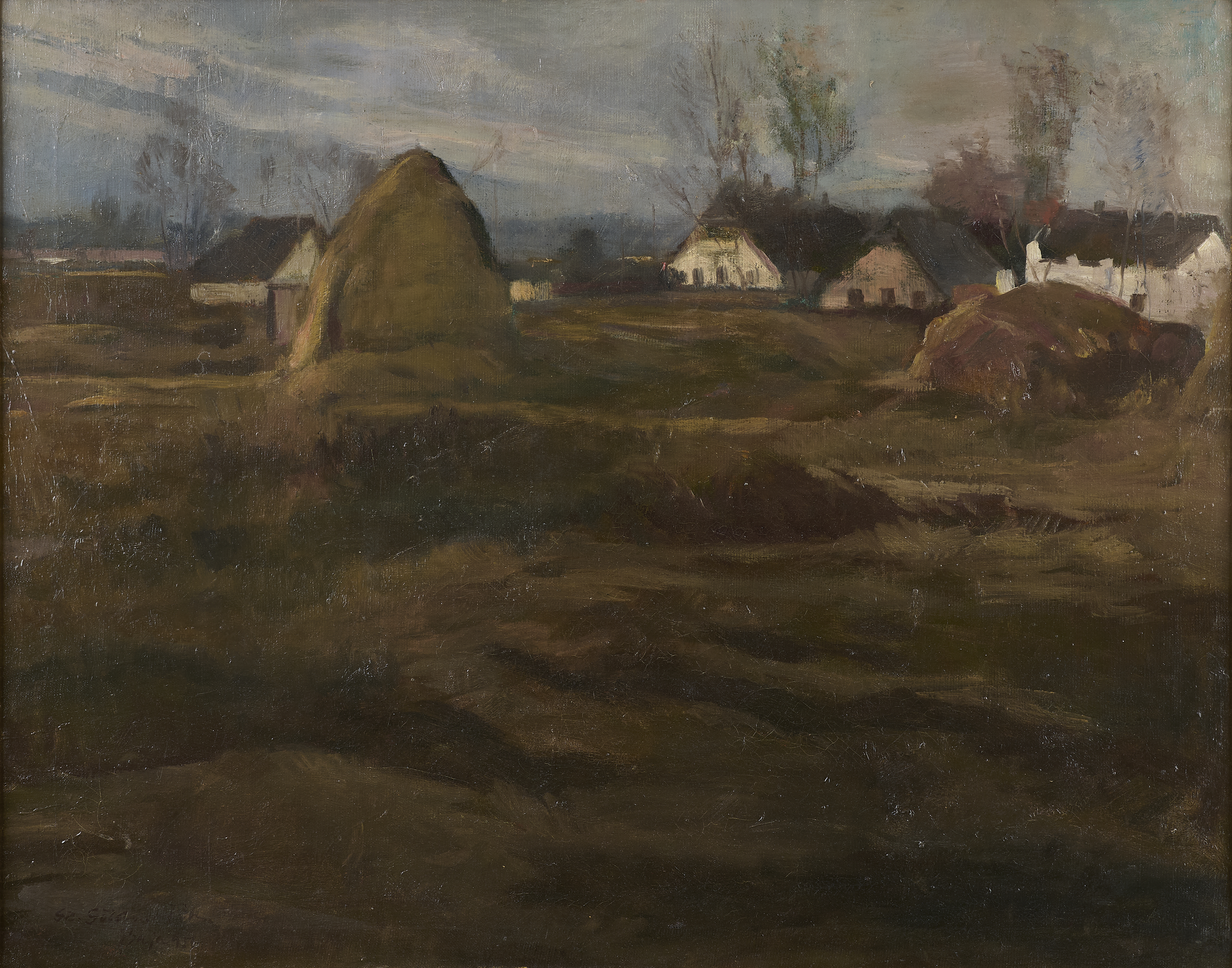 Dünenlandschaft mit Häusern, unbekannter Künstler, signiert, 19. Jhdt. Dünenlandschaft mit Häusern, unbekannter Künstler, signiert, 19. Jhdt.