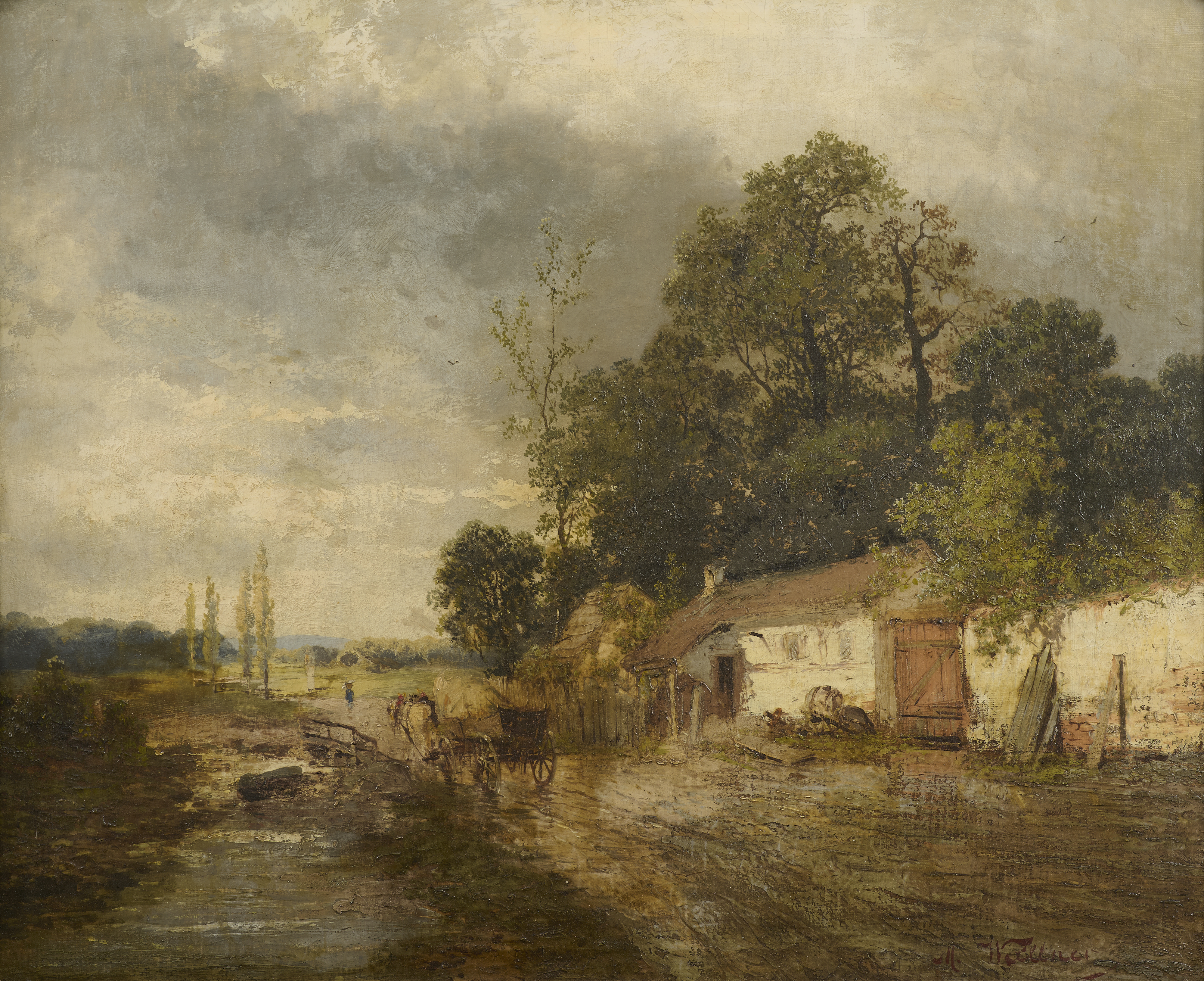 Impressionist, 19. Jhdt., Pferdekarren in Landschaft, signiert Impressionist, 19. Jhdt., Pferdekarren in Landschaft, signiert