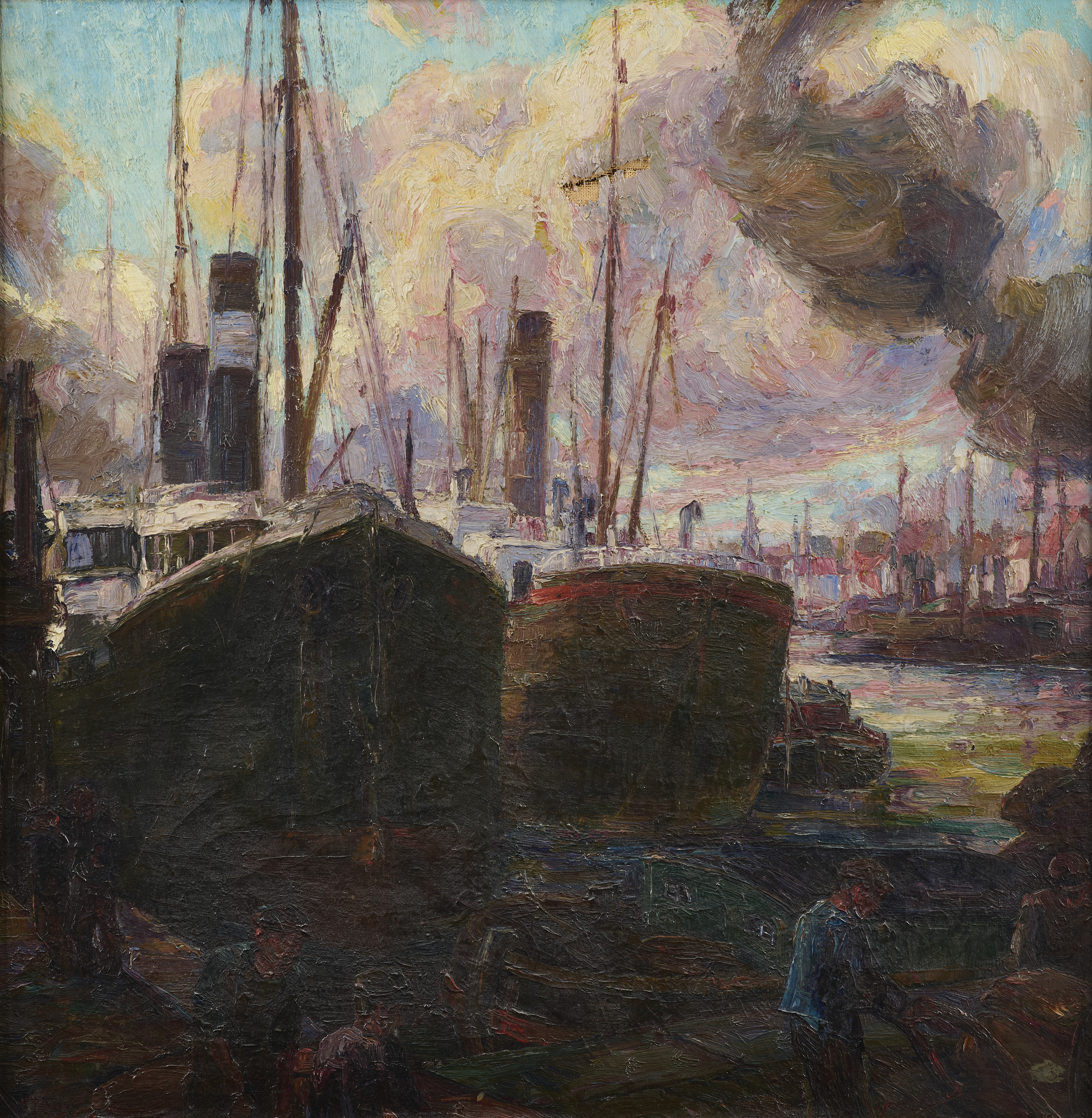 Unbekannter Maler, Hafenansicht um 1920, signiert Unbekannter Maler, Hafenansicht um 1920, signiert