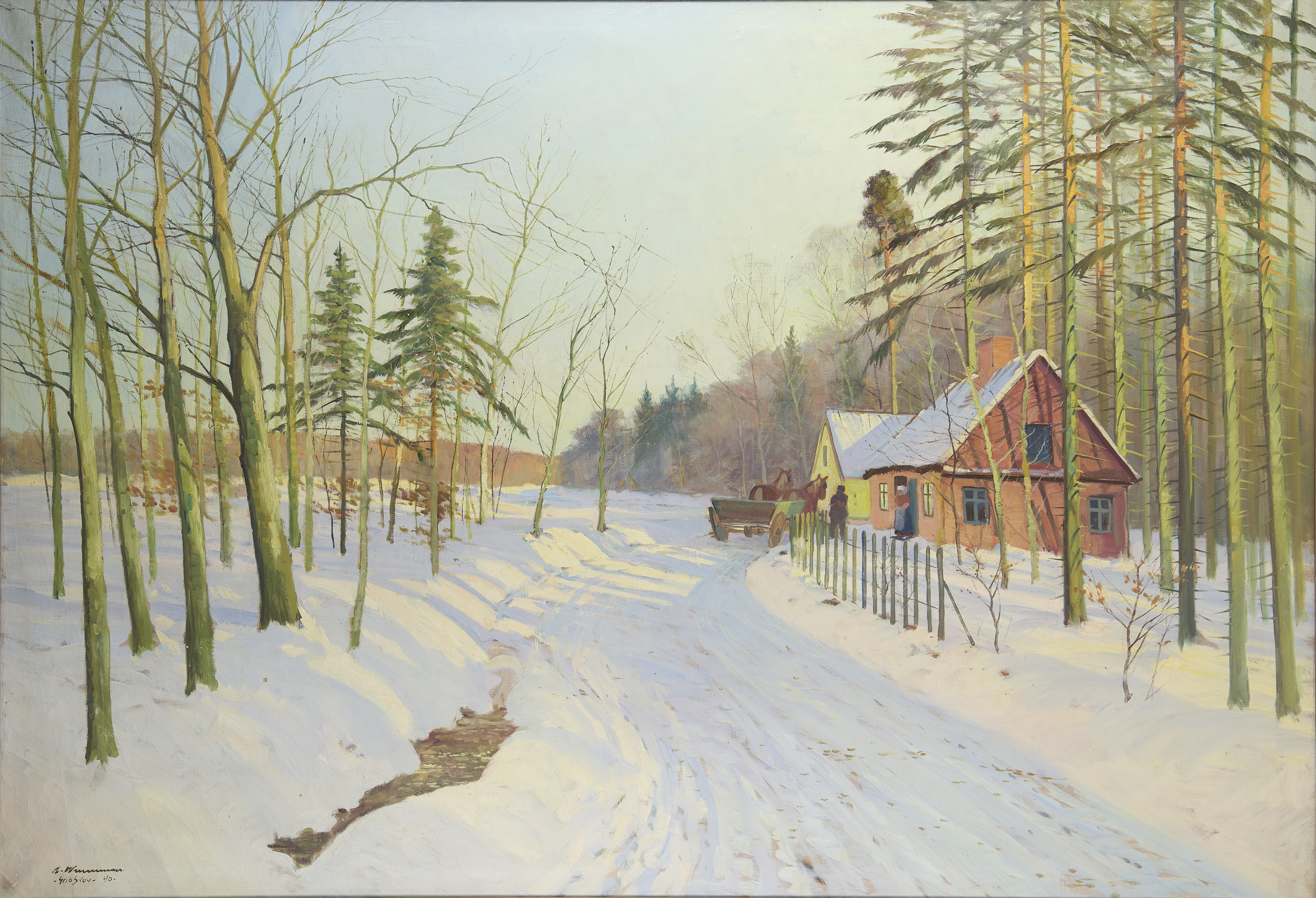 Wintertag, großes Gemälde eines unbekannten russischen Malers, signiert Wintertag, großes Gemälde eines unbekannten russischen Malers, signiert