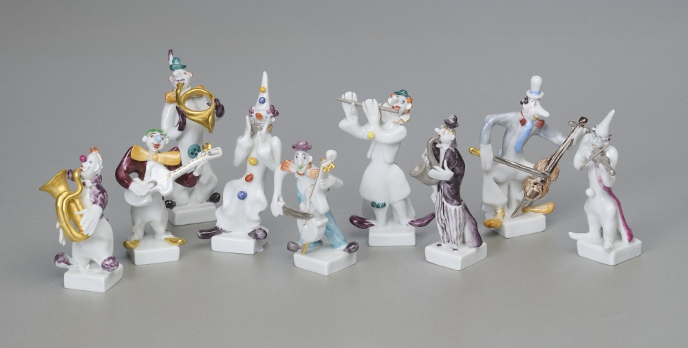 Meissen, 9 Musiker der Clownkapelle, Entwurf Peter Strang, 1. Wahl Meissen, 9 Musiker der Clownkapelle, Entwurf Peter Strang, 1. Wahl