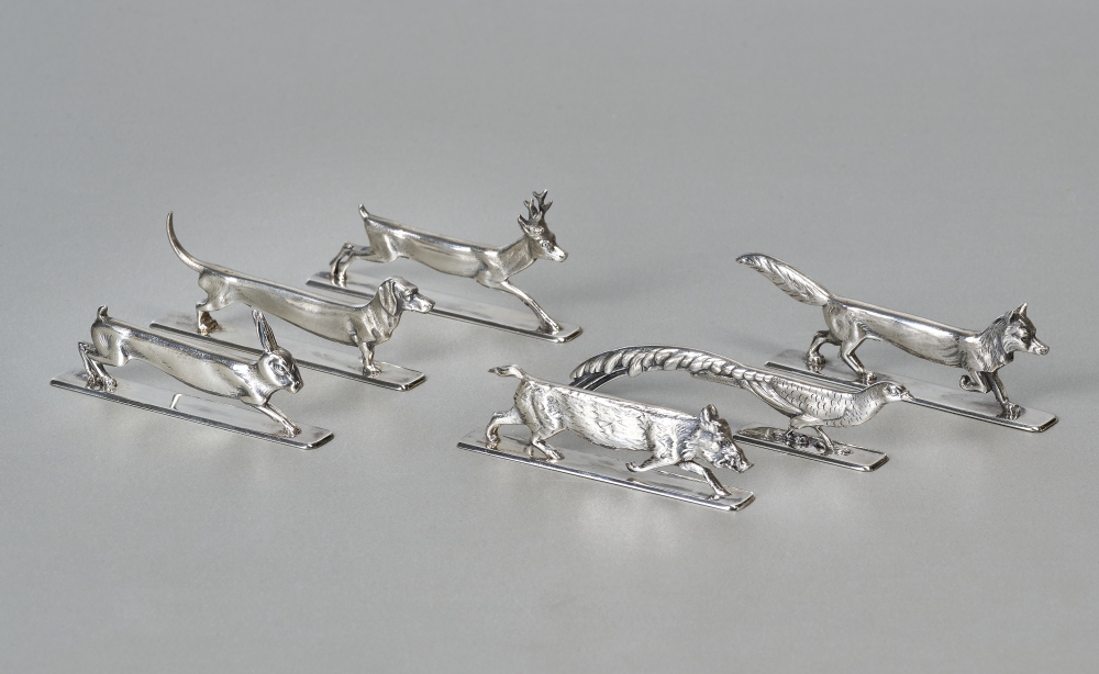 6 fein ziselierte Messerbänkchen in Wildtierform, Sterling