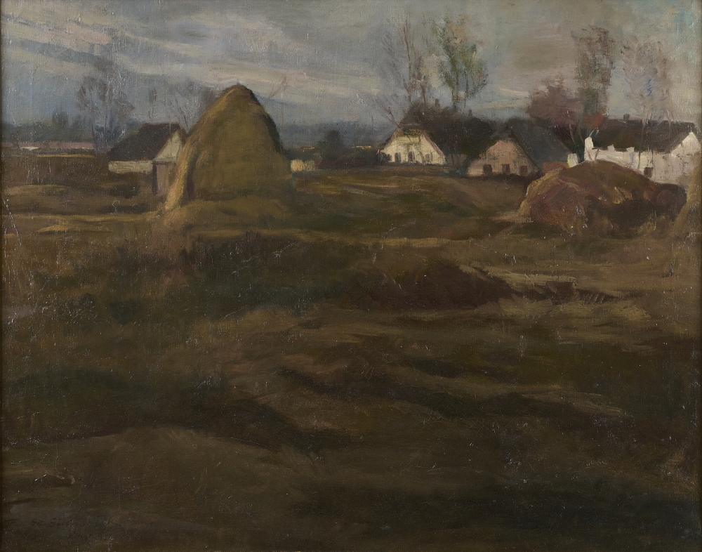 Dünenlandschaft mit Häusern, unbekannter Künstler, signiert, 19. Jhdt.