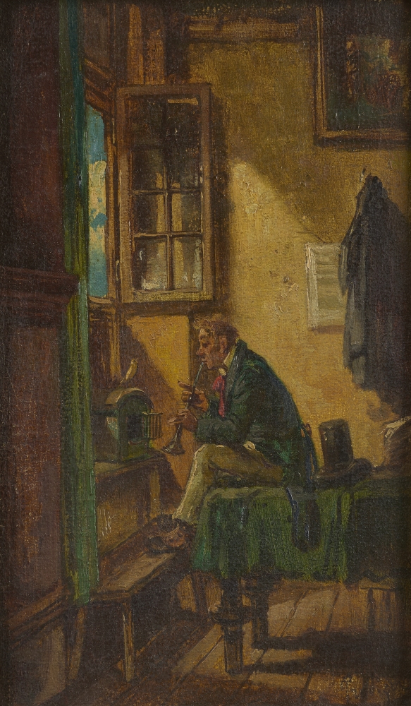 Musiker am Vogelkäfig, unbekannter Maler, 19. Jhdt., signiert Musiker am Vogelkäfig, unbekannter Maler, 19. Jhdt., signiert