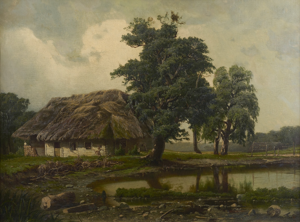 Landschaftsgemälde mit Haus, unbekannter Künstler Landschaftsgemälde mit Haus, unbekannter Künstler