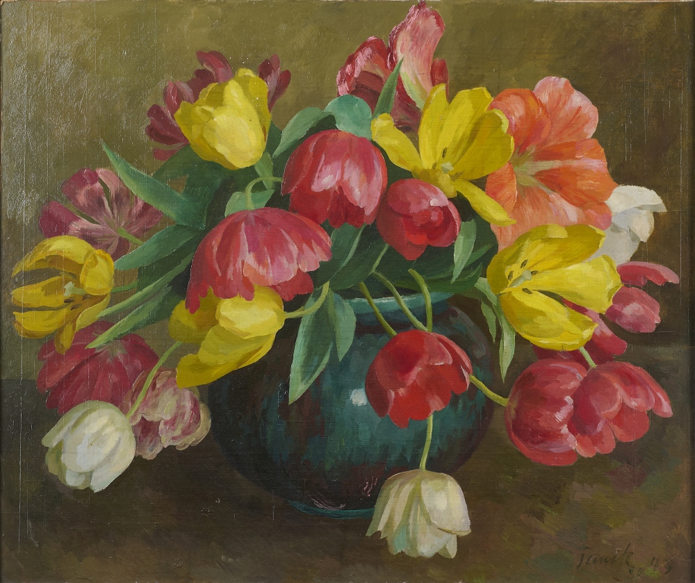 Tulpenstilleben, Maler des 19. Jhdts., doppelseitig bemalt, signiert