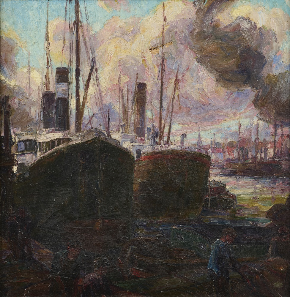 Unbekannter Maler, Hafenansicht um 1920, signiert
