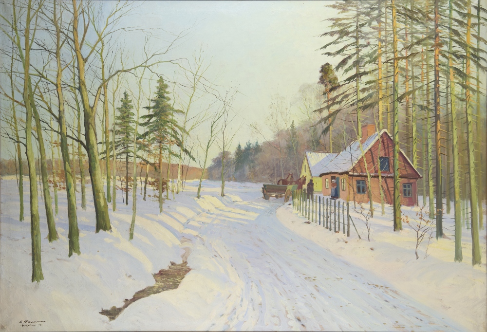 Wintertag, großes Gemälde eines unbekannten russischen Malers, signiert